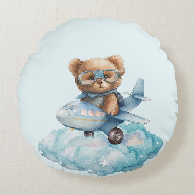 Cojín Redondo Teddy Bear Baby Shower Gift Boy Blue Bear (Anverso)