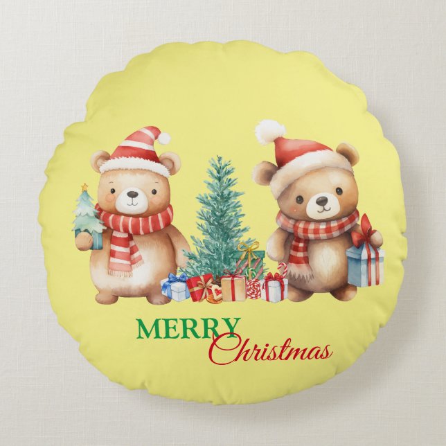 Cojín Redondo Teddy Bear Santa Red Verde Feliz Navidad Fiesta (Anverso)