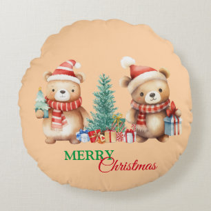 Cojín Redondo Teddy Bear Santa Red Verde Feliz Navidad Fiesta