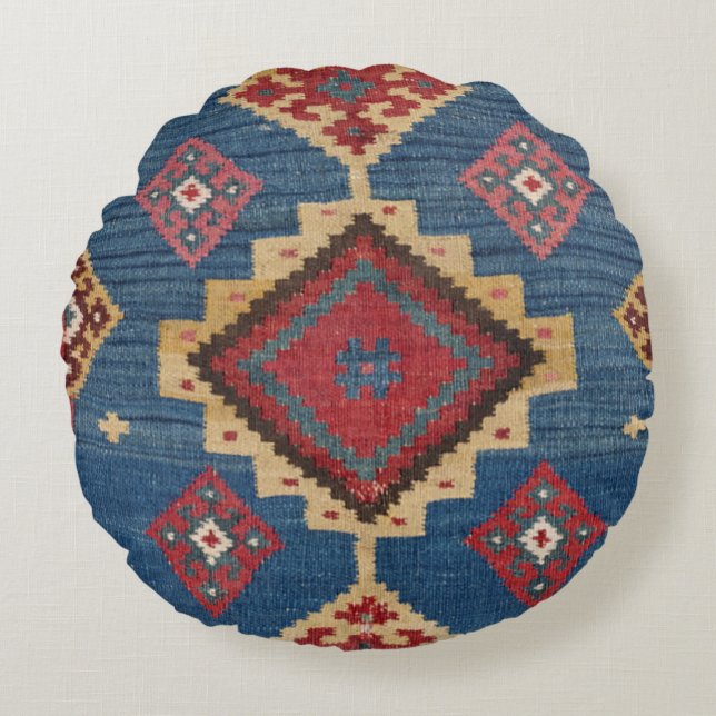 Cojín Redondo Tejidos Kilim colorido amarillo azul real  (Anverso)