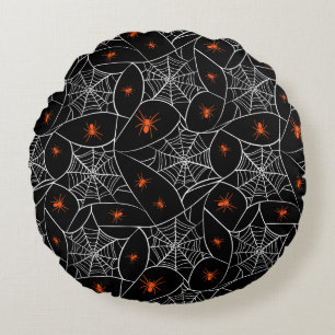 Cojín Redondo telaraña de Halloween y fondo de arañas.