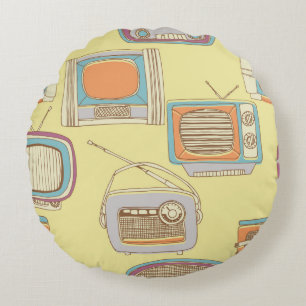 Cojín Redondo televisión y radio retro. patrón transparente