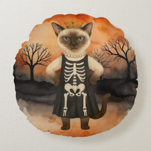 Cojín Redondo Tema de Halloween para amantes de gatos siameses