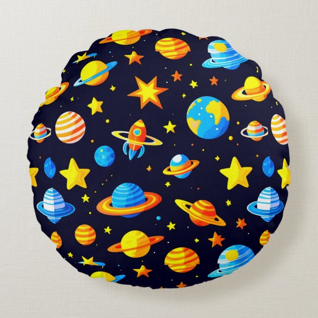 Cojín Redondo Tema Espacial Colorido Con Planetas (Anverso)