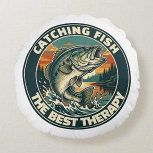 Cojín Redondo Terapia de Pesca de Lubina Vintage Insignia Retro
