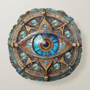 Cojín Redondo Tercer Ojo - Mandala de Oro Azul Turquesa