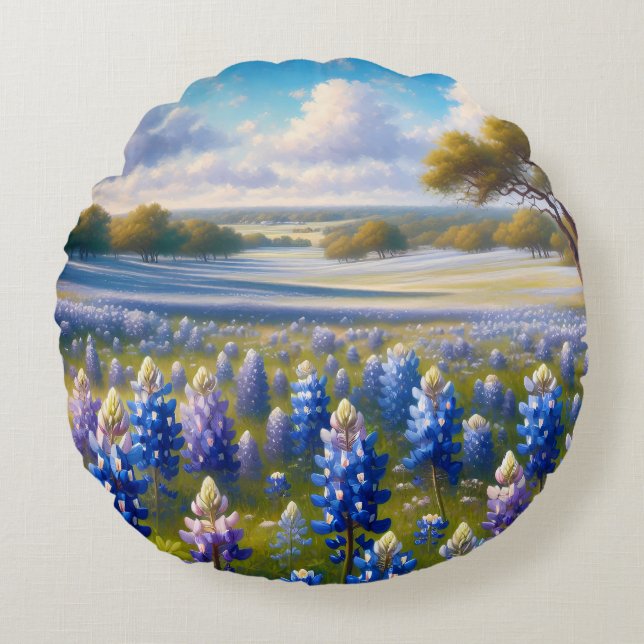 Cojín Redondo Texas Bluebonnet Meadow Landscape (Anverso)