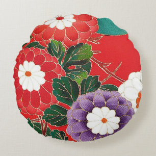 Cojín Redondo Textil japonés vintage - Dahlias rojas