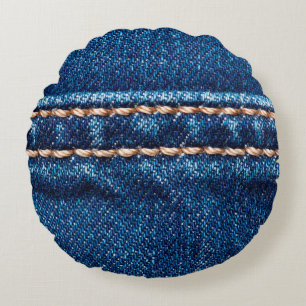 Cojín Redondo Textura de denim azul con cierre de línea de cost