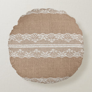 Cojín Redondo Textura de encaje blanco-negro de Burlap marrón