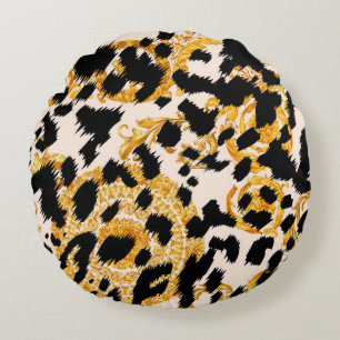 Cojín Redondo Textura de leopardo: patrón barroco dorado.
