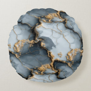Cojín Redondo Textura de mármol azul oscuro con venas de oro líq