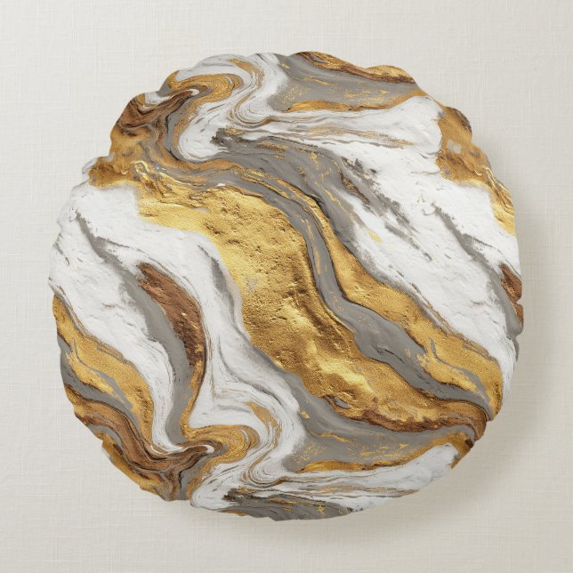 Cojín Redondo Textura de mármol gris abstracto con oro fluido (Anverso)