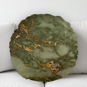 Cojín Redondo Textura de mármol verde oliva lámina de oro falso