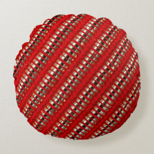 Cojín Redondo Textura de tela de raya diagonal delgada roja y do