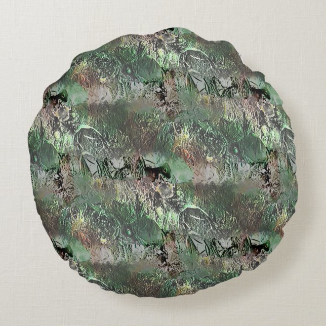 Cojín Redondo Textura extraña en verde gris con cráneo abstracto (Reverso)