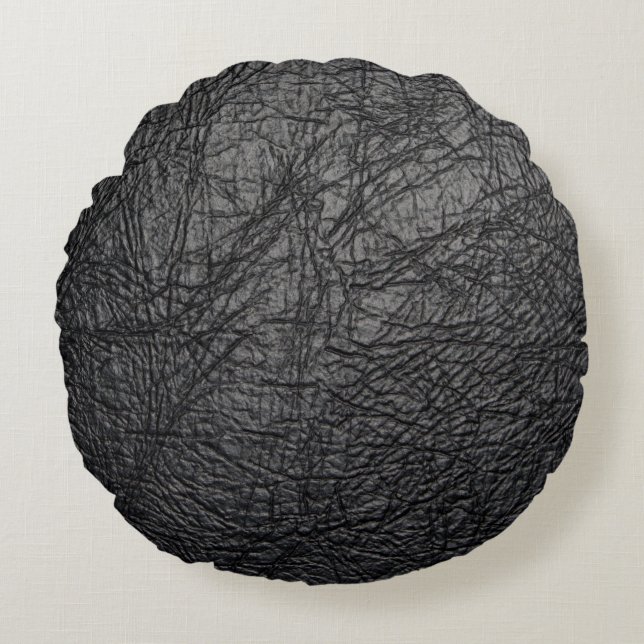 Cojín Redondo Textura falsa de cuero negro (Anverso)