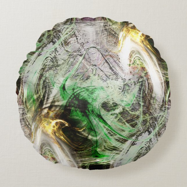 Cojín Redondo Textura rústica bajo tinta flotante verde y amaril (Anverso)