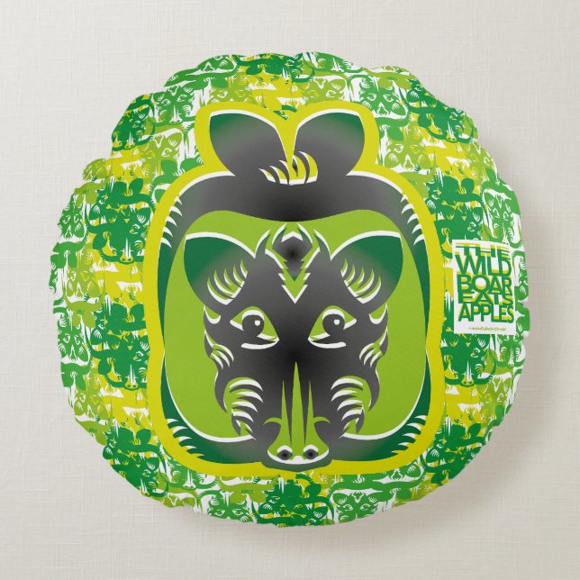 COJÍN REDONDO THE WILD BOAR EATS APPLES BY MASANSER (Anverso)