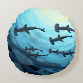 Cojín Redondo Tiburones en silueta con bola de sol