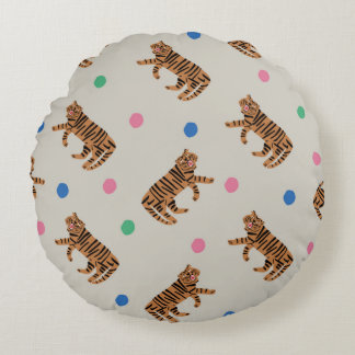 Cojín Redondo tigre pintado a mano y puntos de polka coloridos