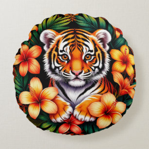 Cojín Redondo Tigre rodeado de flores tropicales