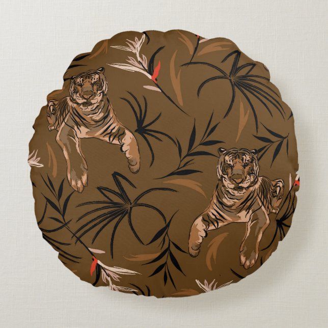 Cojín Redondo Tigres Tropicales Paraíso Flor Patrón (Anverso)
