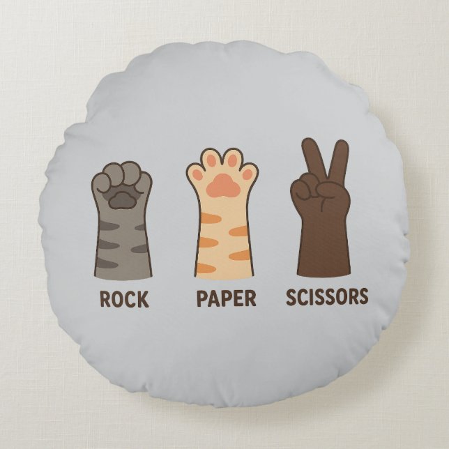 Cojín Redondo Tijeras de papel de rock para gatos (Anverso)