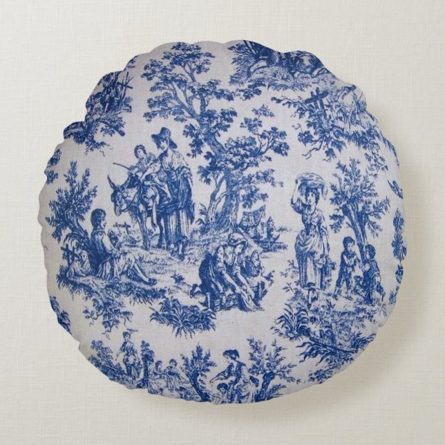 Cojín Redondo Tile de jouy azul y blanco elegante (Anverso)