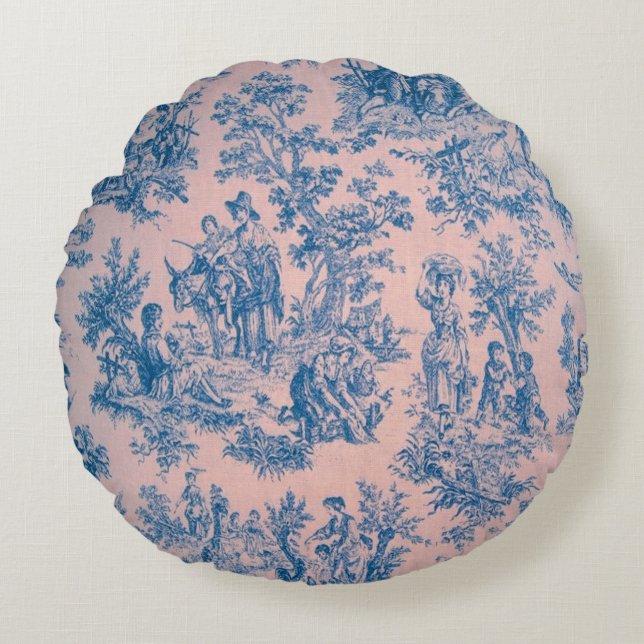 Cojín Redondo Tile de jouy rosa y azul elegante (Anverso)