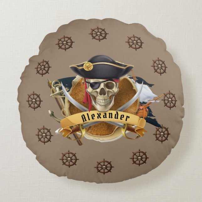 Cojín Redondo Timón de pirata y barco (Anverso)