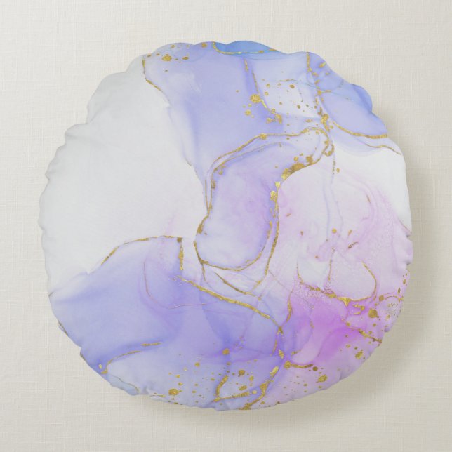 Cojín Redondo Tinta de alcohol rosa, púrpura y azul (Anverso)