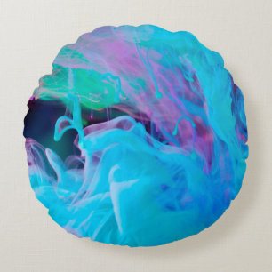 Cojín Redondo tintas en abstracto acuático, acrílico, artístico,