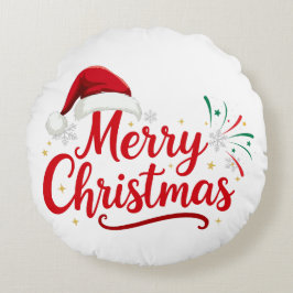 Cojín Redondo Tipografía de Feliz Navidad con sombrero de Santa 