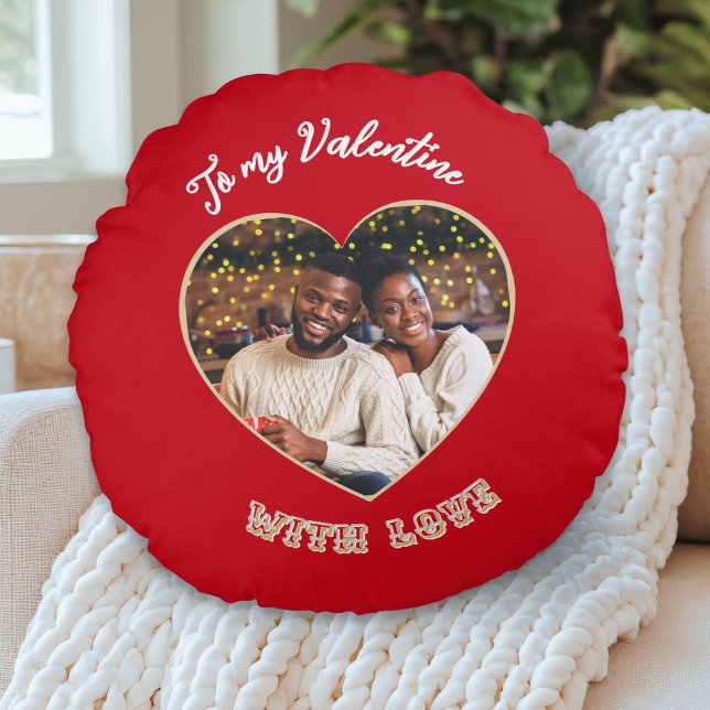 Cojín Redondo To My Valentine | Custom Photo Heart Red (A round pillow in red with custom photo in a heart 'frame' and 'To my Valentine with love' words)