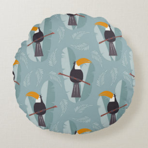 Cojín Redondo Tocan de la jungla, fondo azul transparente.
