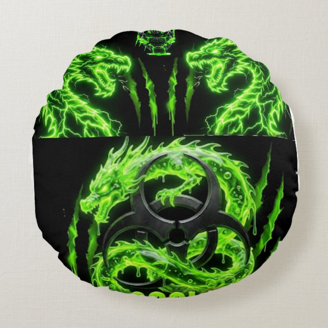 Cojín Redondo TOCOCLAWS Dragones Gemelos Neon Verde Relámpago (Anverso)