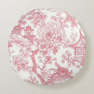 Cojín Redondo Toile Chinoiserie Rosa Dragón Flor de Cerezo