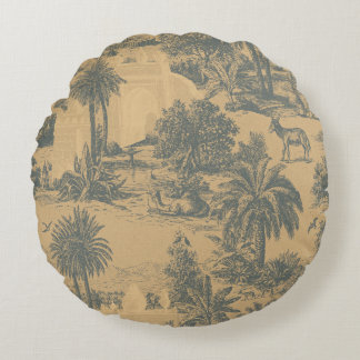 Cojín Redondo Toile de Camello Azul Pizarra Dorado Vintage Marro