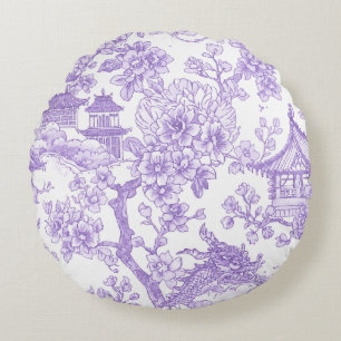 Cojín Redondo Toile de Chinoiserie Púrpura Dragón Flor de Cerezo