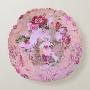 Cojín Redondo Toile victoriano antiguo Rococo estilo Floral Rosa