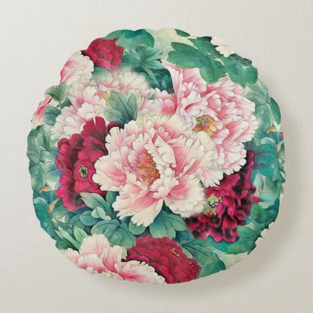 Cojín Redondo Tonos rosados y patrón de hojas verdes (Anverso)