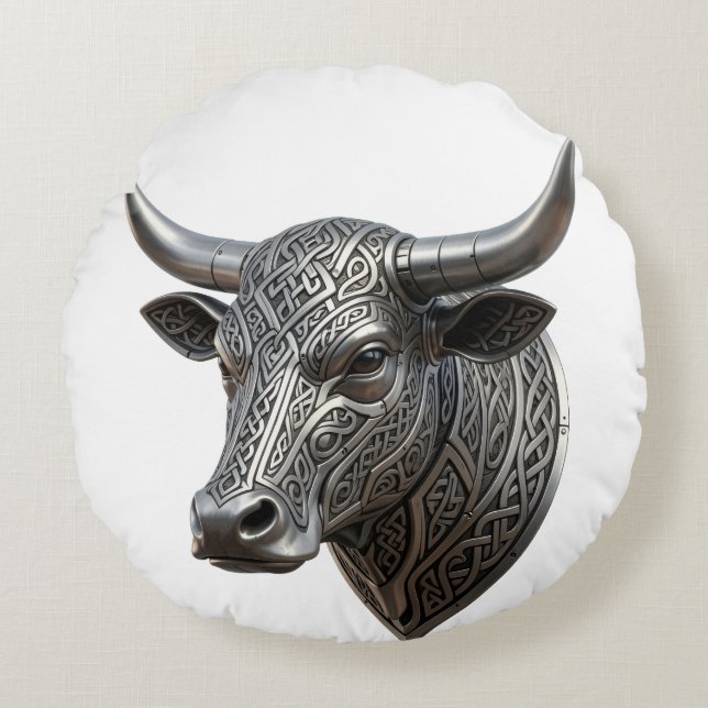 Cojín Redondo Toro de Plata Céltico Cabeza Vikinga Céltica (Anverso)