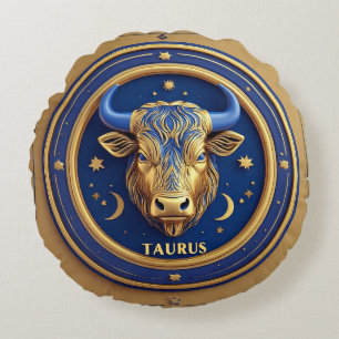Cojín Redondo Toro Tauro Dorado en Círculo Zodiacal Cósmico