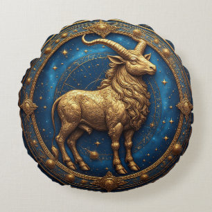 Cojín Redondo Toro Tauro Dorado en Círculo Zodiacal Cósmico