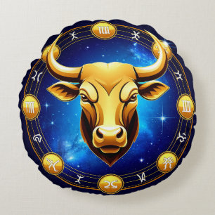 Cojín Redondo Toro Tauro Dorado en Círculo Zodiacal Cósmico