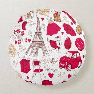 Cojín Redondo Torre Eiffel de París vintage rosa romance francés