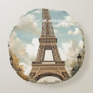 Cojín Redondo Torre Eiffel París Viaje Arte Retro Vintage Nombre