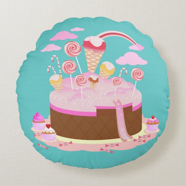 Cojín Redondo Torta del caramelo y de chocolate para la fiesta (Anverso)