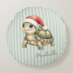 Cojín Redondo Tortuga de Navidad con sombrero de Santa en acuare